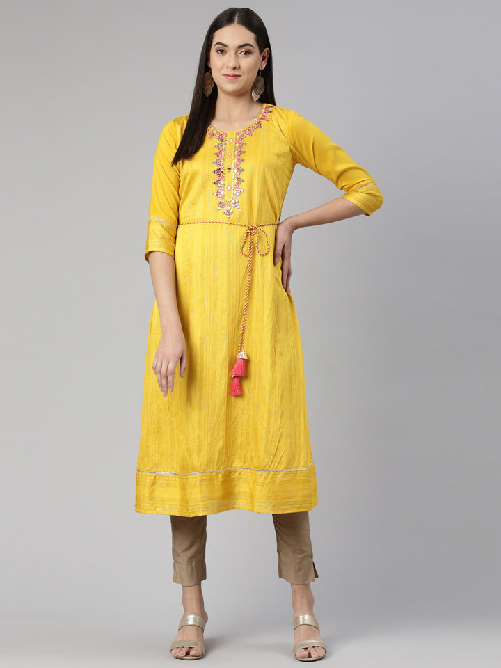 Neerus Mustard Anarkali Straight Cotton Wool Kurtas