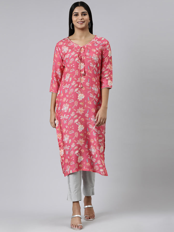 Neerus Maroon Straight Printed Cotton Kurta
