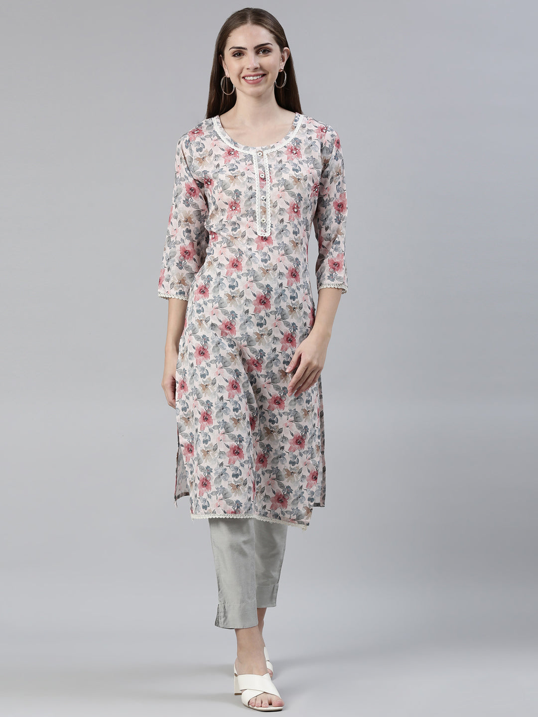 Neerus Multi cotton printed straight kurti - front view