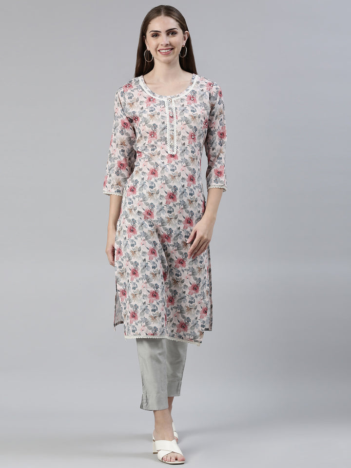 Neerus Multi cotton printed straight kurti - front view