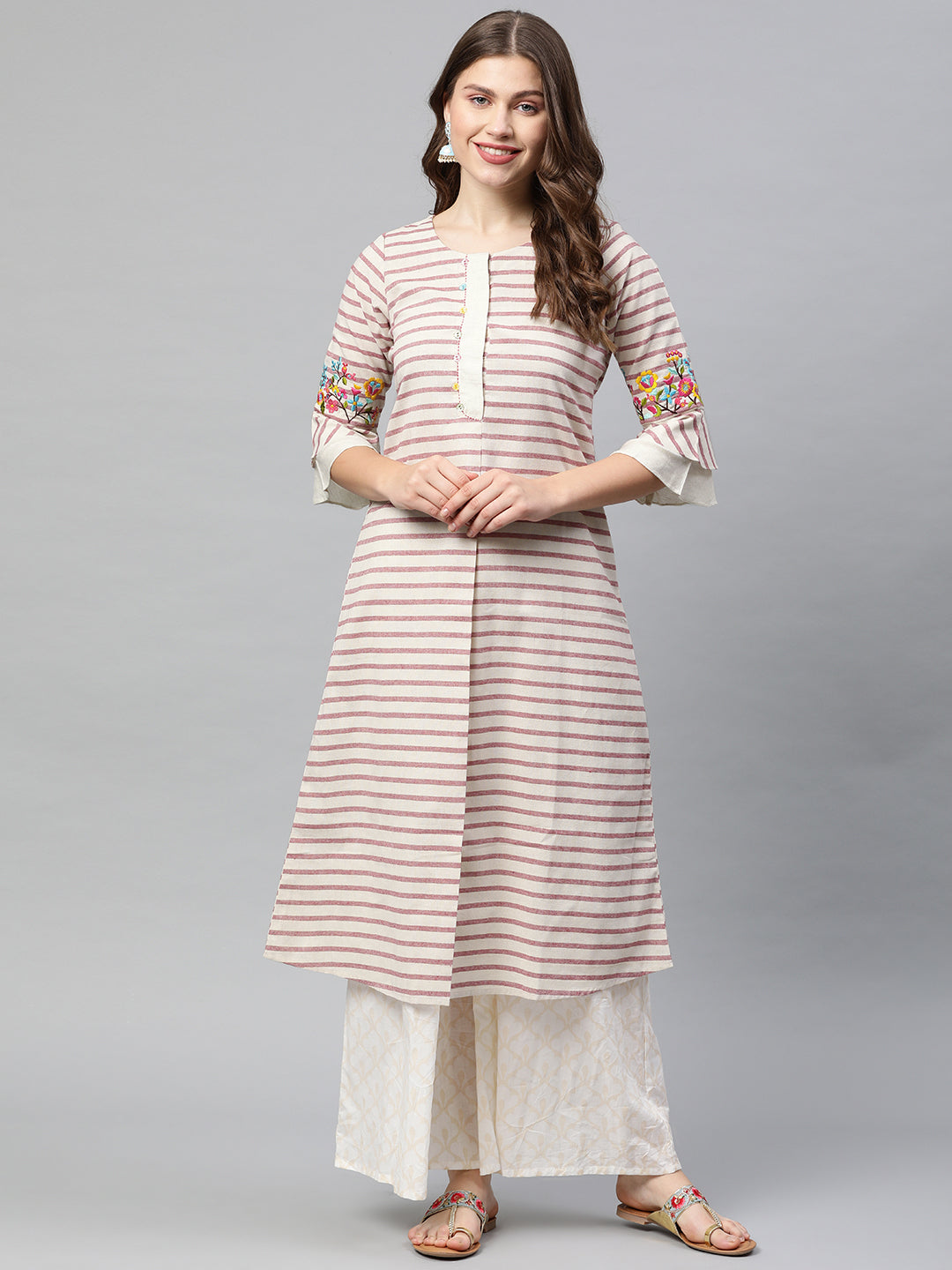 Neerus Women Off-White Pink Striped A-Line Kurta