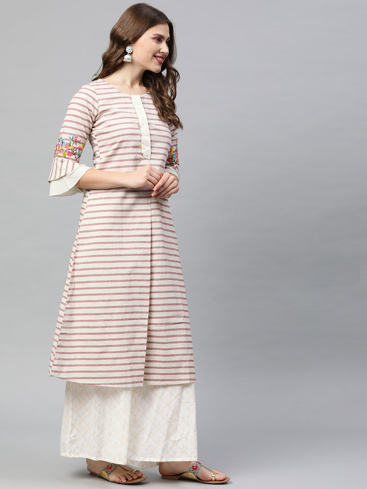 Neerus Women Off-White Pink Striped A-Line Kurta