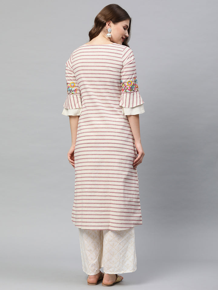 Neerus Women Off-White Pink Striped A-Line Kurta