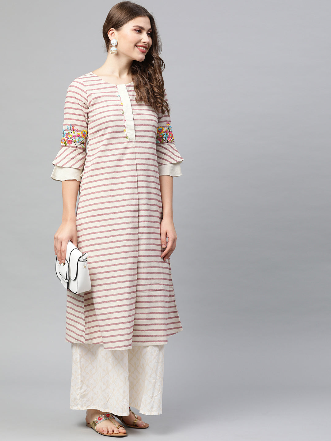 Neerus Women Off-White Pink Striped A-Line Kurta