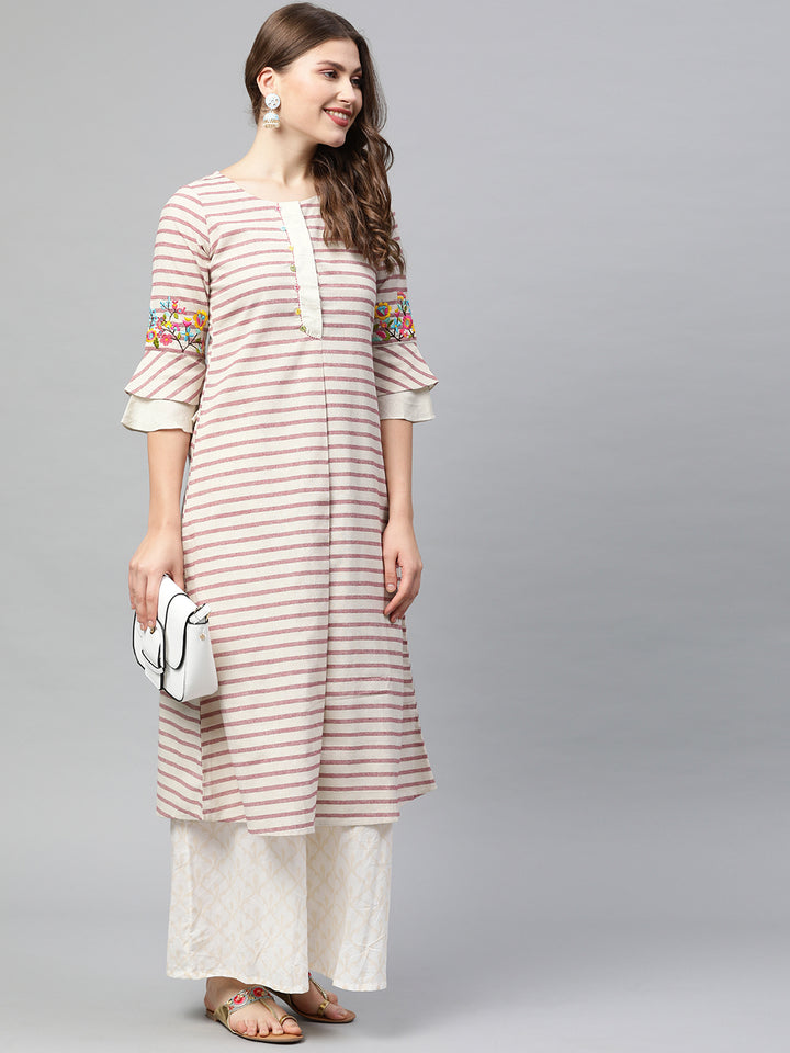 Neerus Women Off-White Pink Striped A-Line Kurta