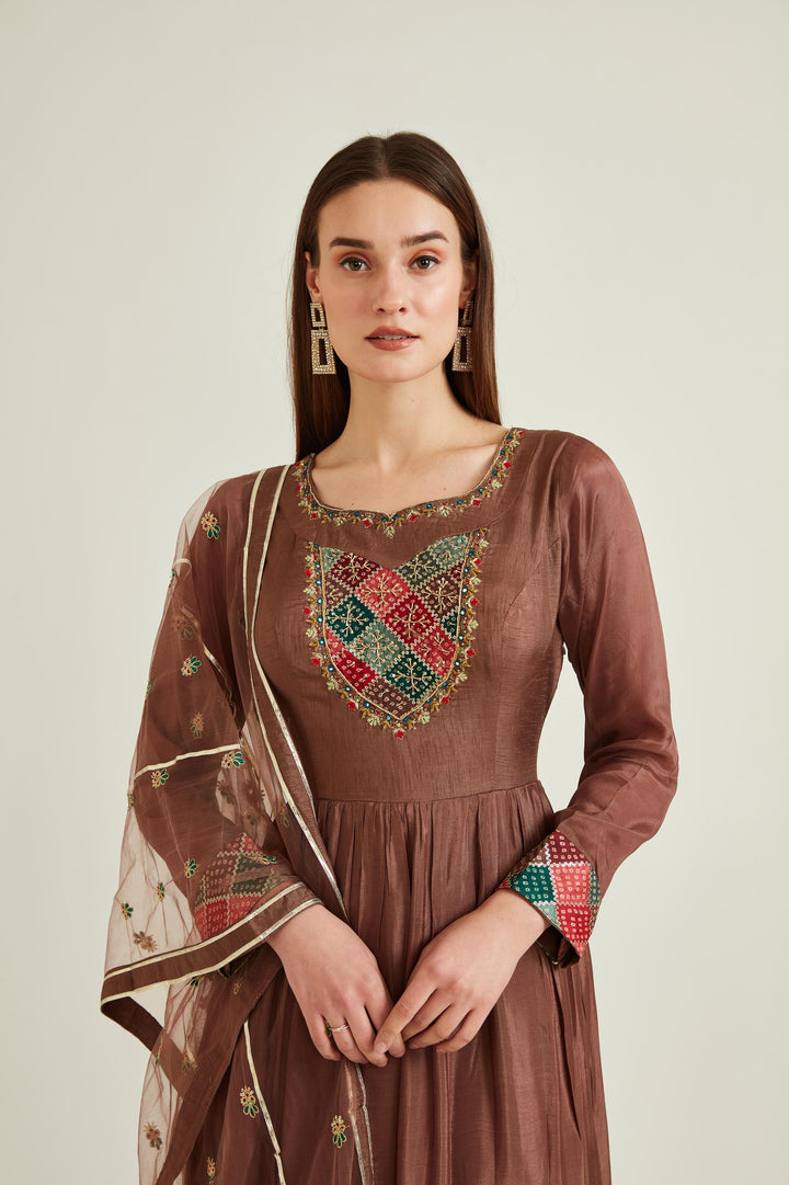 Neerus Brown silk mirror work tiered gown with net dupatta - detail view 1