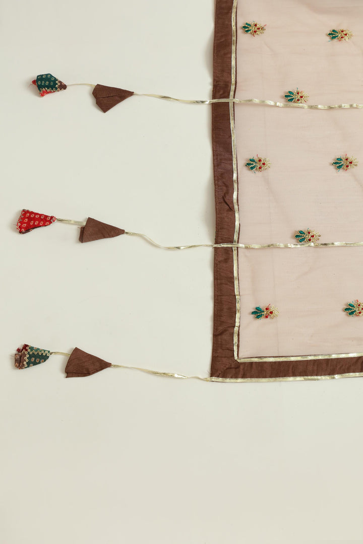 Neerus Brown silk mirror work tiered gown with net dupatta - detail view 2