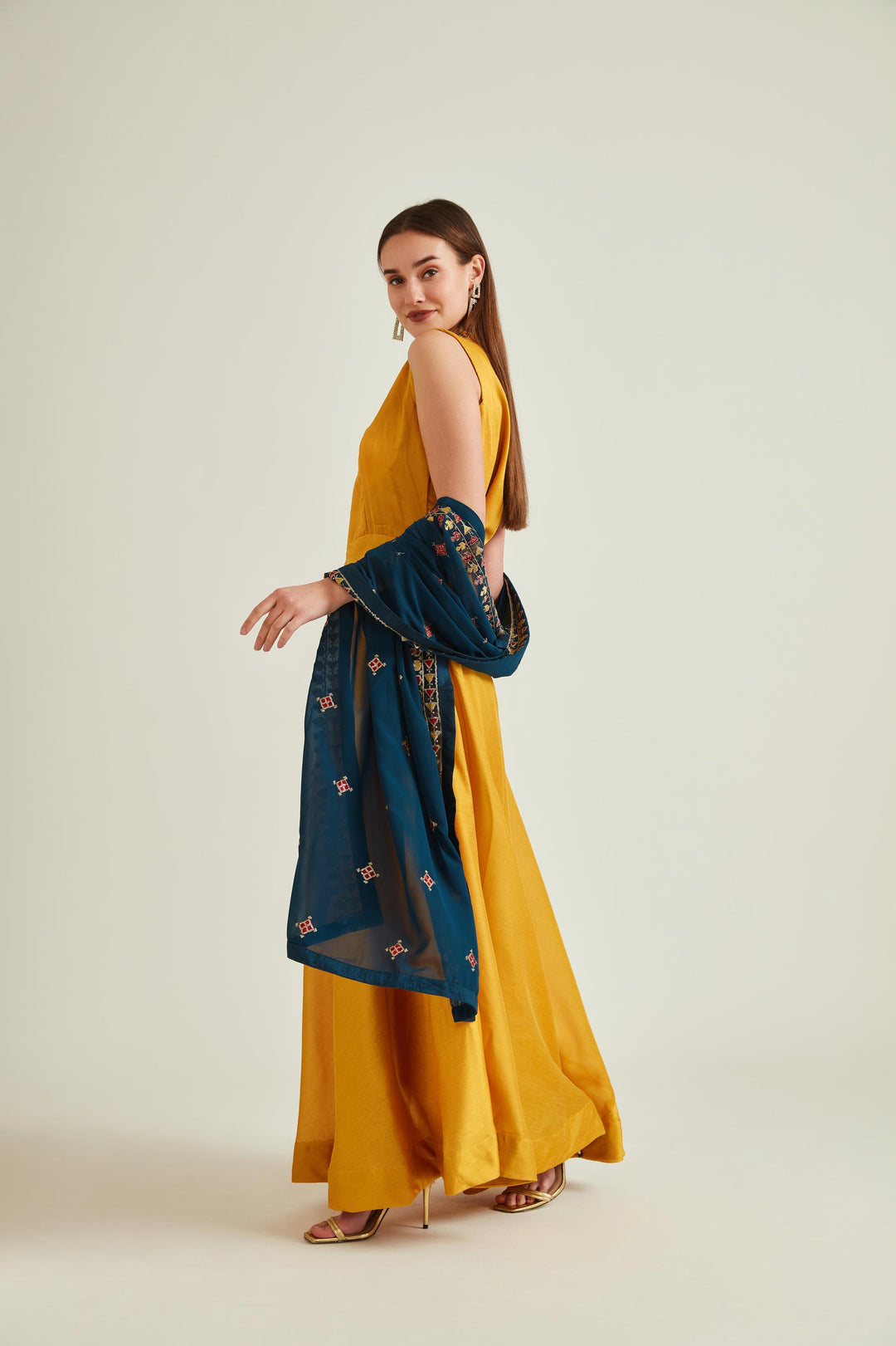 Neerus Yellow Chanderi embroidered anarkali kurta set - front view