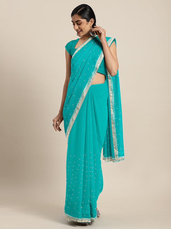 Neerus Aqua Embellished Saree With Blouse