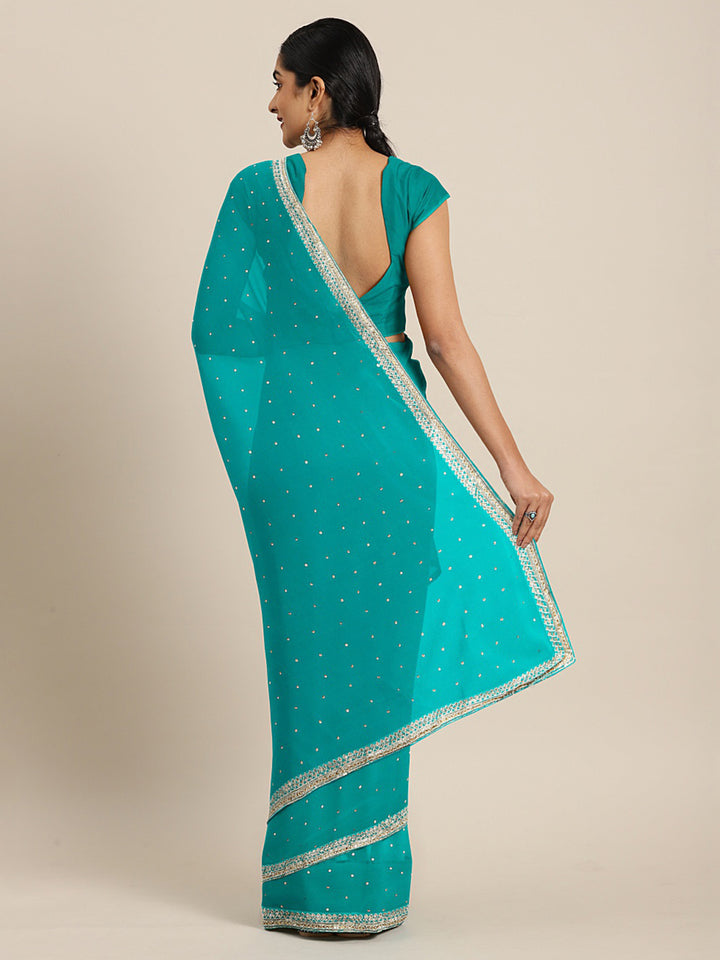 Neerus Aqua Embellished Saree With Blouse
