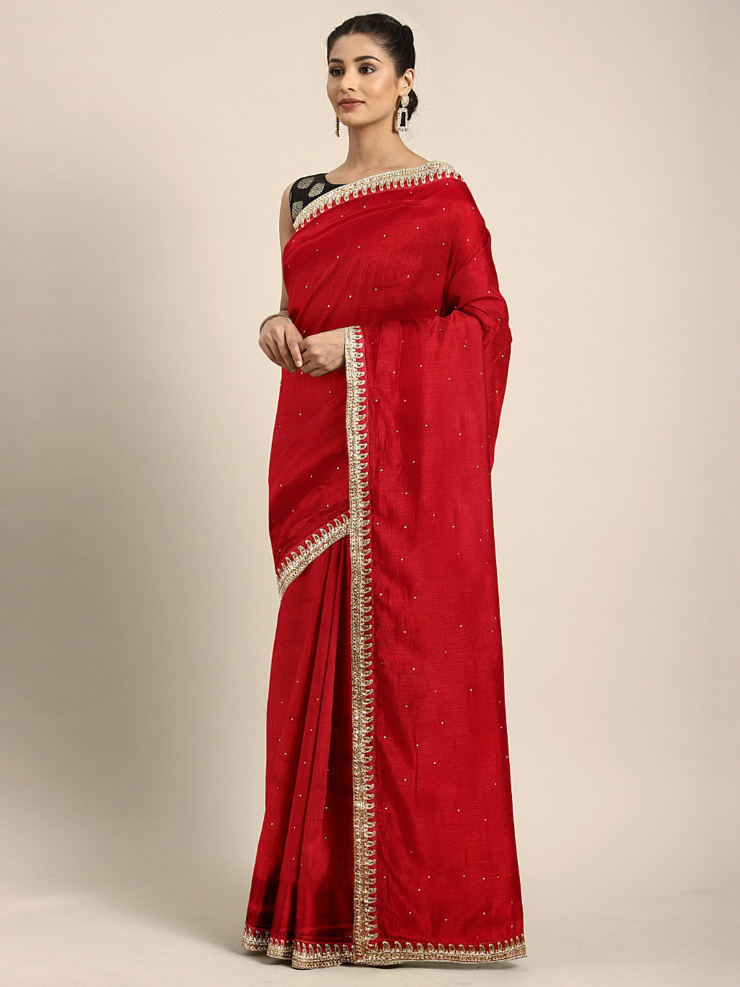 Neerus Red Embellished Saree With Blouse