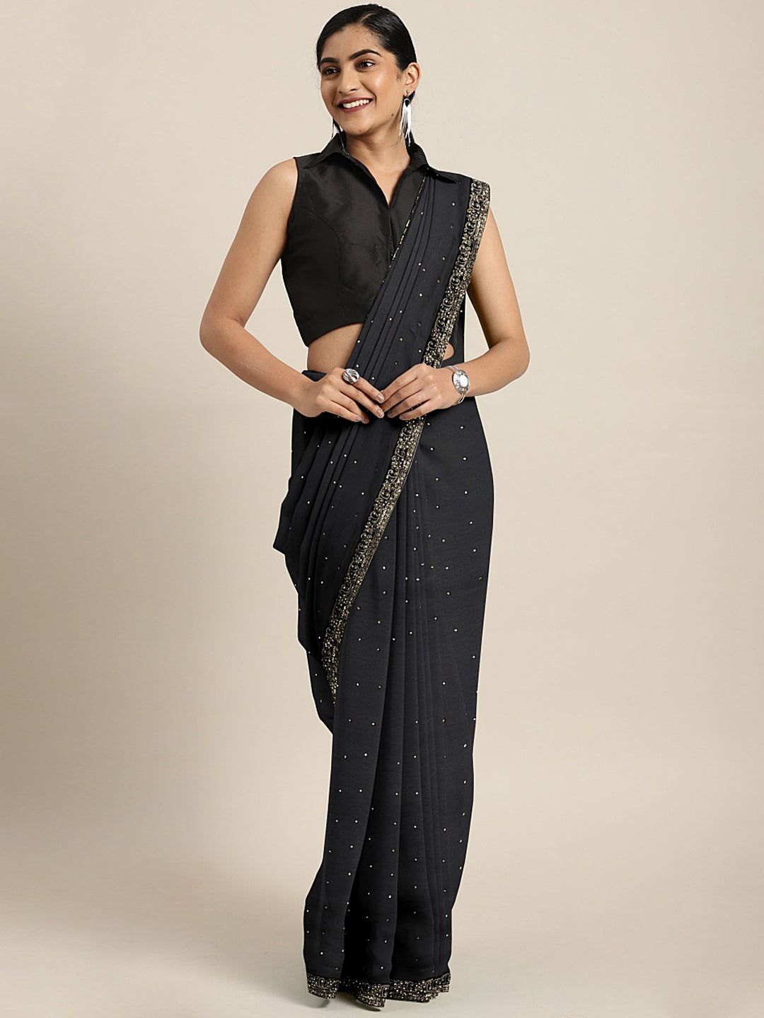 Neerus Black Embellished Saree With Blouse