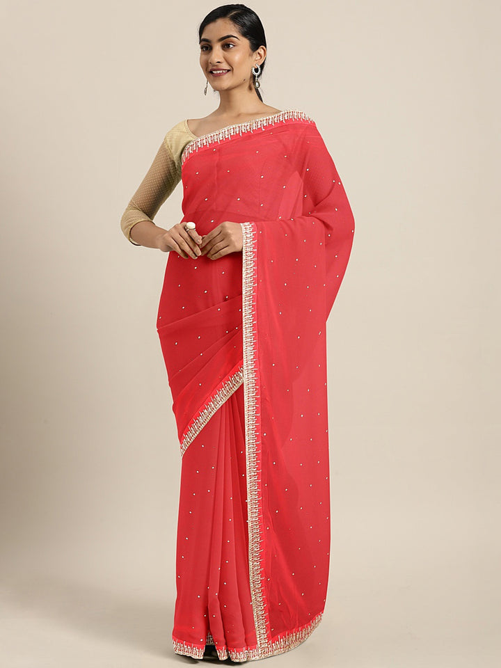 Neerus Pink georgette embellished saree with blouse - front view