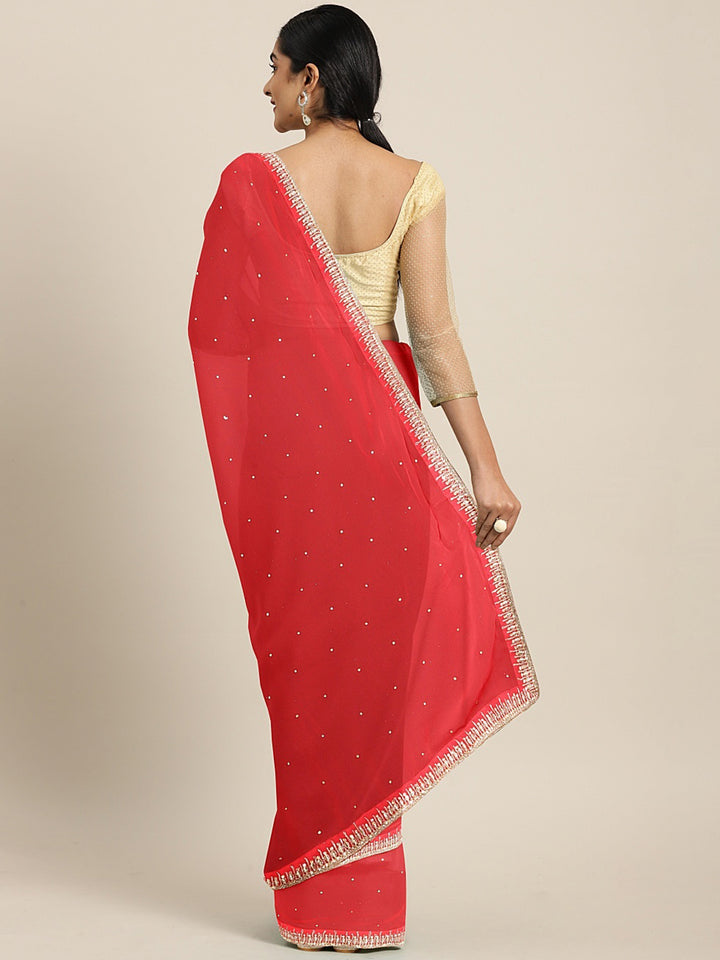 Neerus Pink georgette embellished saree with blouse - back view