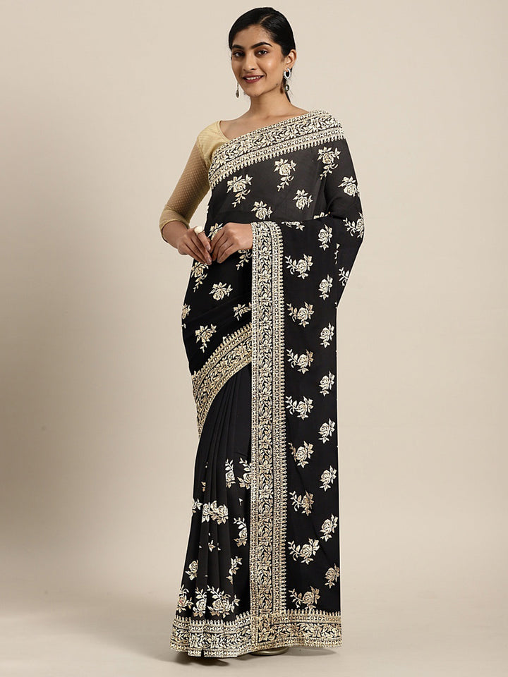 Neerus Black Printed Saree With Blouse