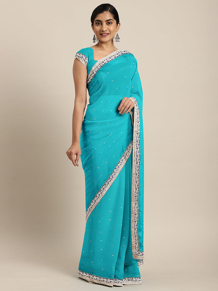 Neerus Blue Embellished Saree With Blouse