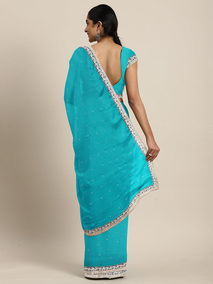 Neerus Blue Embellished Saree With Blouse