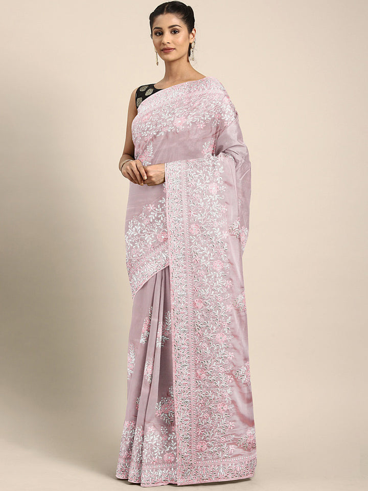 Neerus Pink Embroidered Saree With Blouse