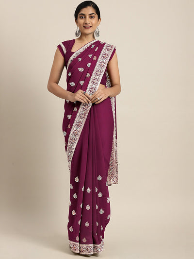 Neeru's Magenta Textured Saree With Blouse