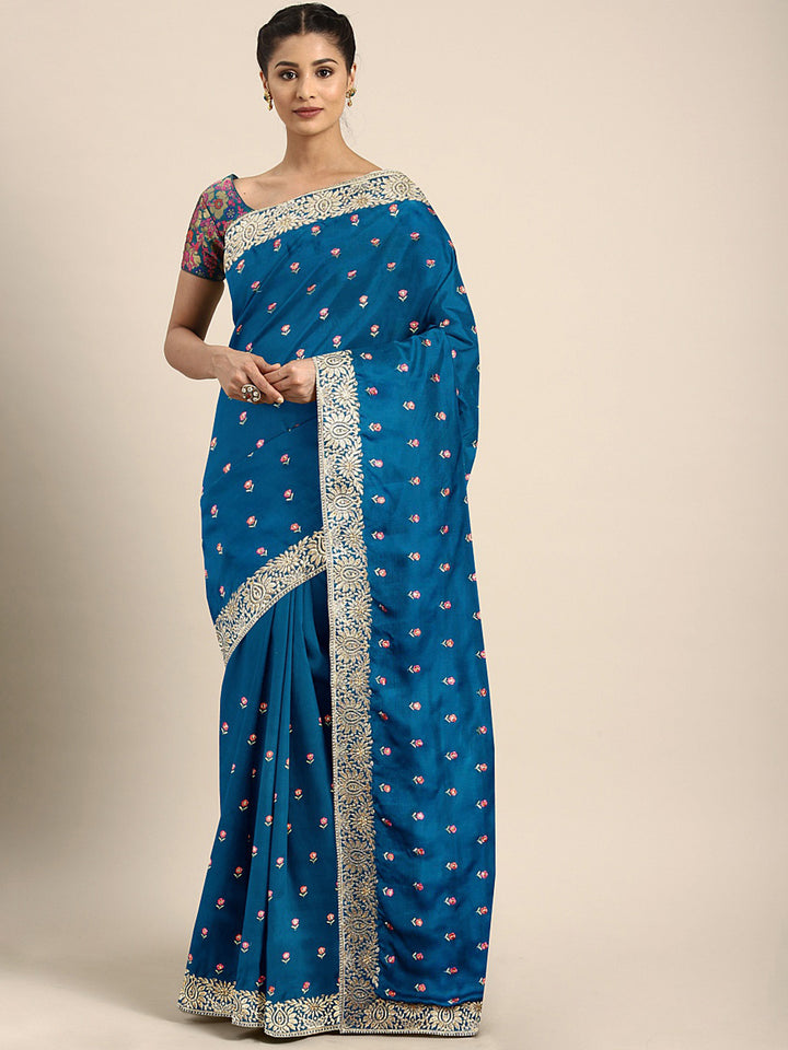 Neerus Blue Embroidered Saree With Blouse