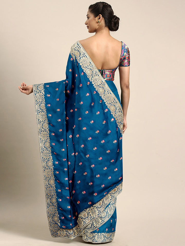 Neerus Blue Embroidered Saree With Blouse