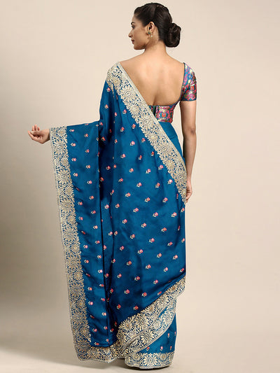Neeru's Blue Embroidered Saree With Blouse