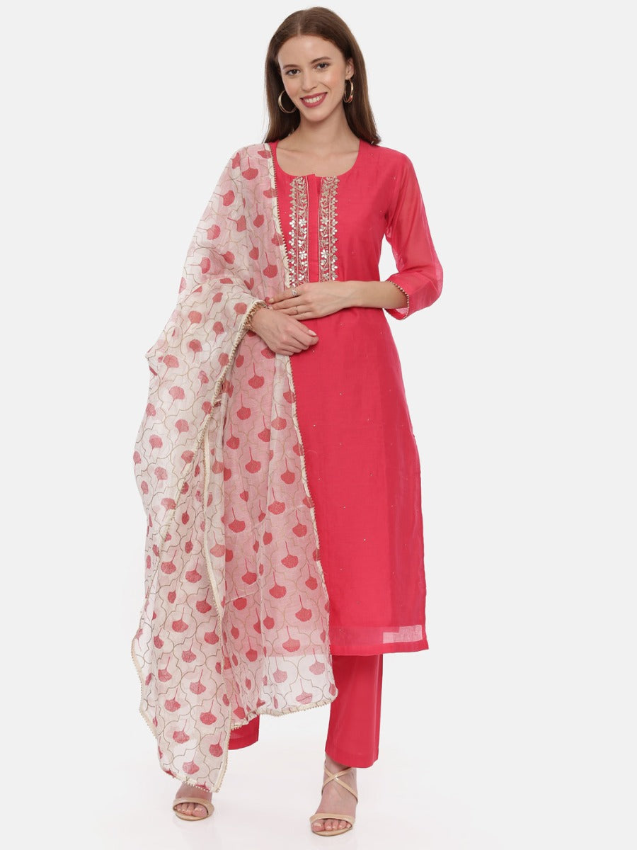 Neerus Fuchsia Embellished Kurta With Palazzo & Dupatta