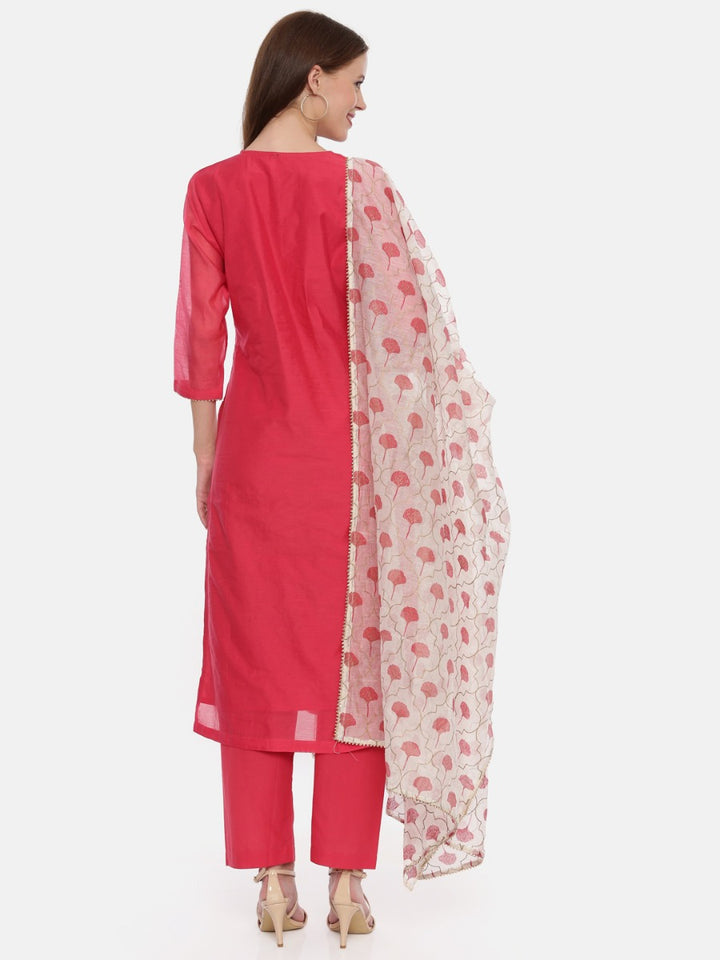 Neerus Fuchsia Embellished Kurta With Palazzo & Dupatta