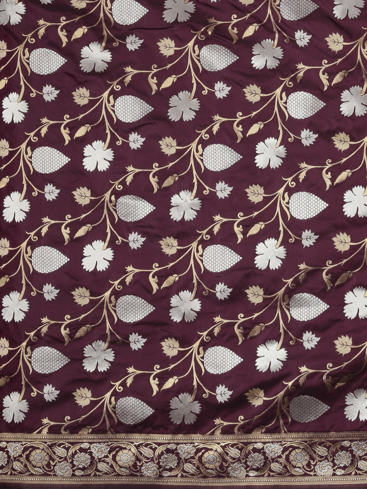 Neerus Burgundy Silver-Toned Silk Floral Woven Design Saree