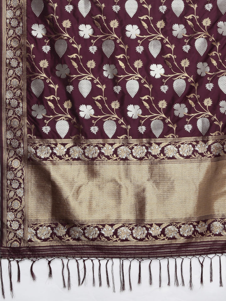 Neerus Burgundy Silver-Toned Silk Floral Woven Design Saree