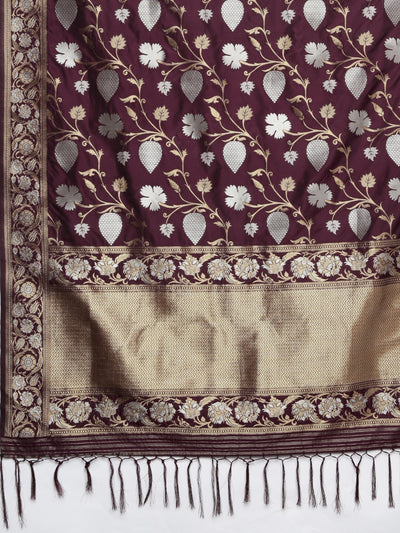 Neeru's Burgundy Silver-Toned Silk Floral Woven Design Saree