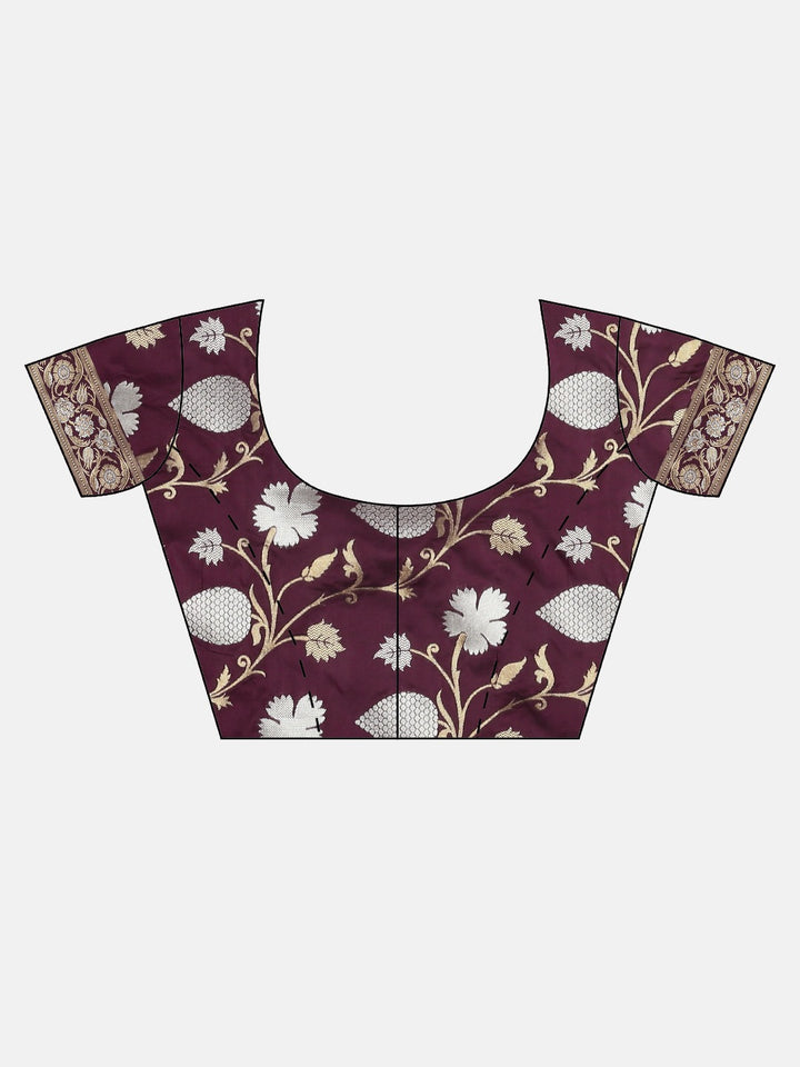 Neerus Burgundy Silver-Toned Silk Floral Woven Design Saree