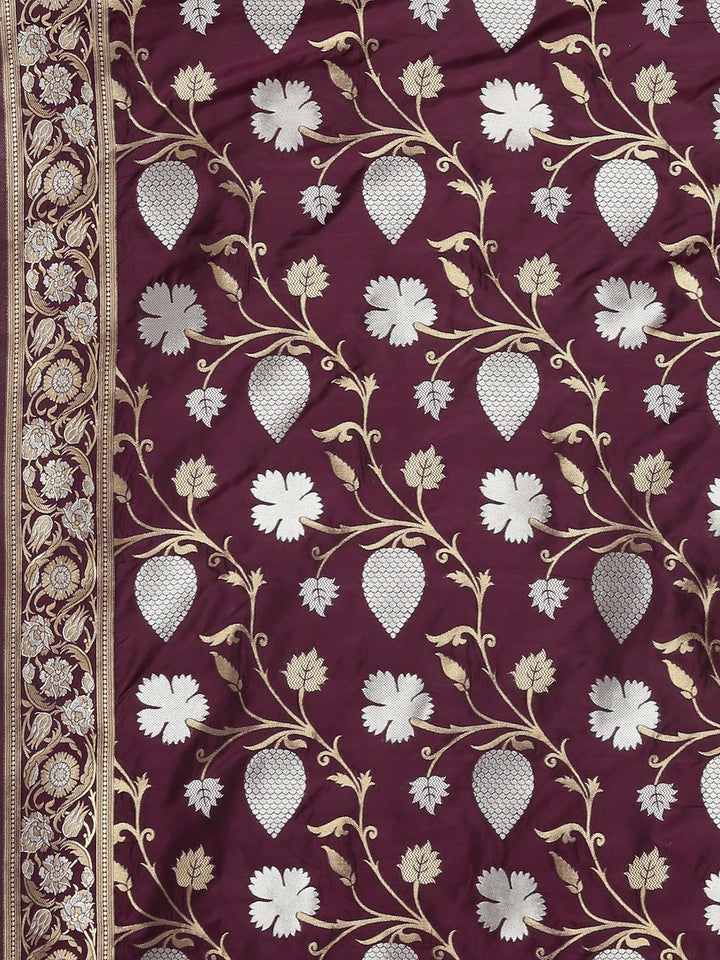 Neerus Burgundy Silver-Toned Silk Floral Woven Design Saree