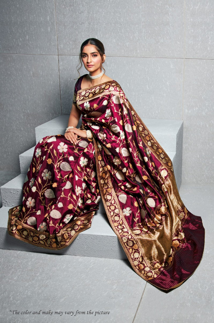Neerus Burgundy Silver-Toned Silk Floral Woven Design Saree