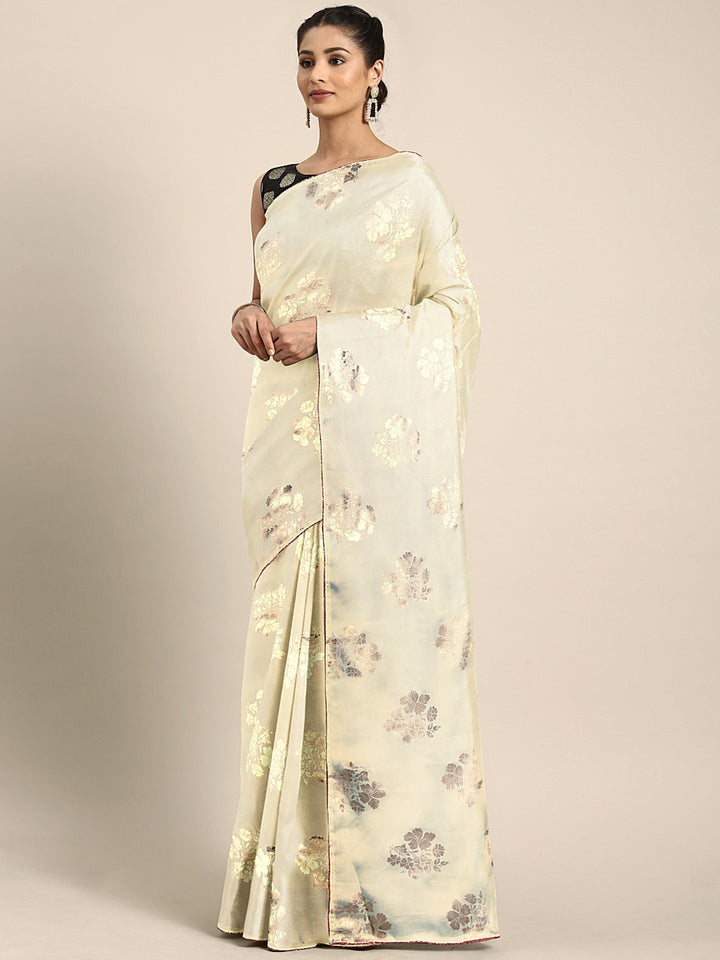 Neerus Beige crepe printed saree with blouse piece - front view