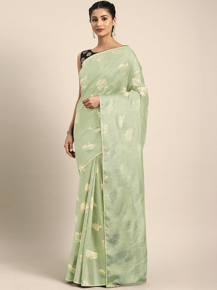 Neerus Green crepe printed saree with blouse piece - front view