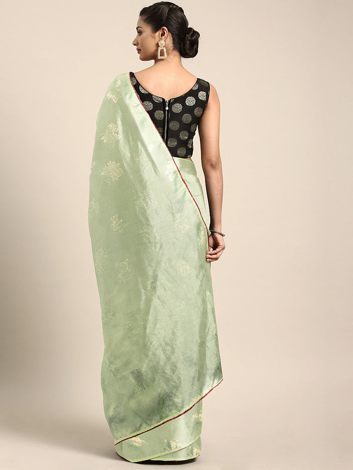 Neerus Green crepe printed saree with blouse piece - back view