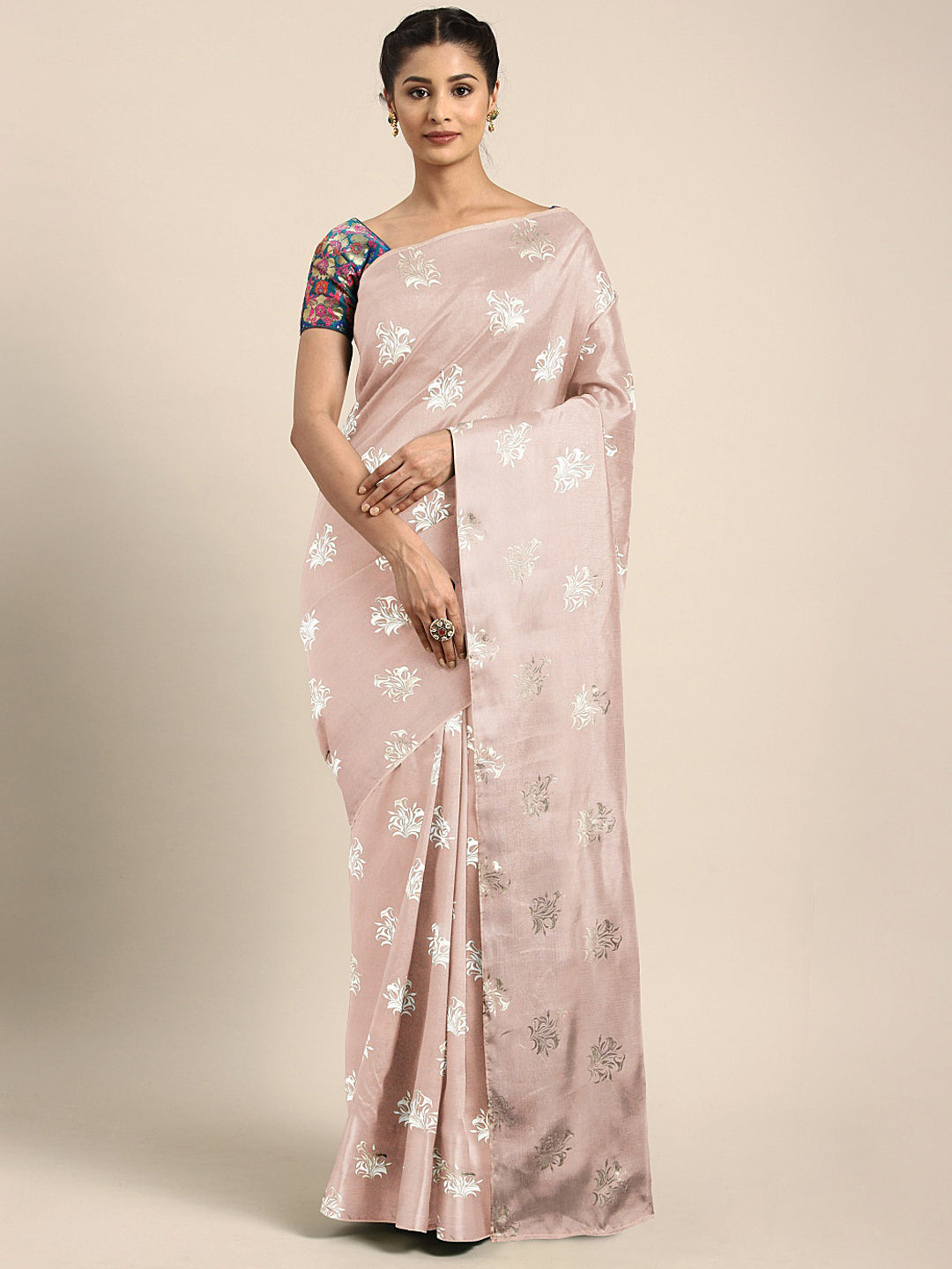 Neerus Peach Printed Saree With Blouse