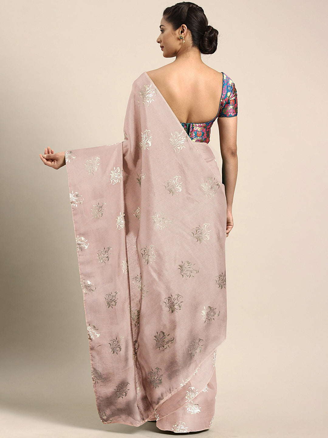 Neerus Peach Printed Saree With Blouse