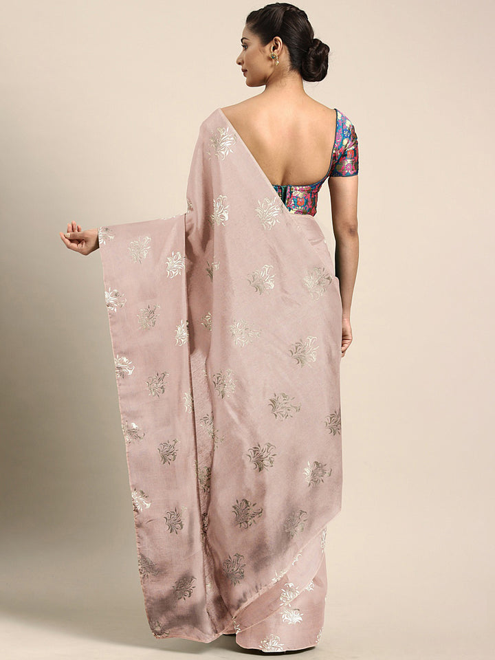 Neerus Peach Printed Saree With Blouse