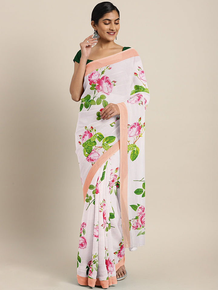 Neerus White Printed Saree With Blouse