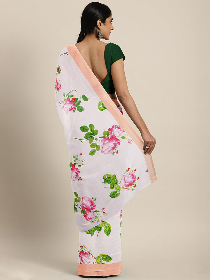 Neerus White Printed Saree With Blouse