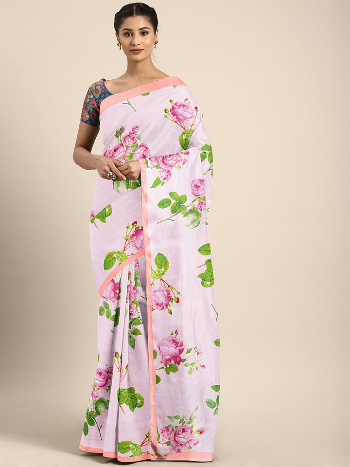 Neerus Pink georgette printed saree with blouse - front view