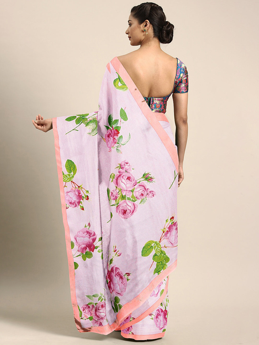 Neerus Pink georgette printed saree with blouse - back view