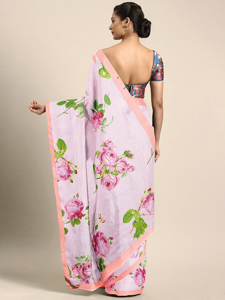 Neerus Pink georgette printed saree with blouse - back view
