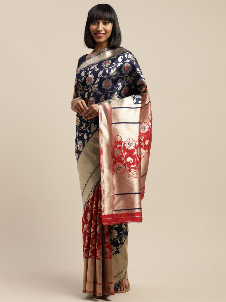 Neerus Blue & Red Printed Saree With Blouse