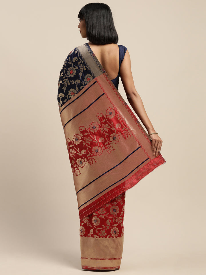 Neerus Blue & Red Printed Saree With Blouse