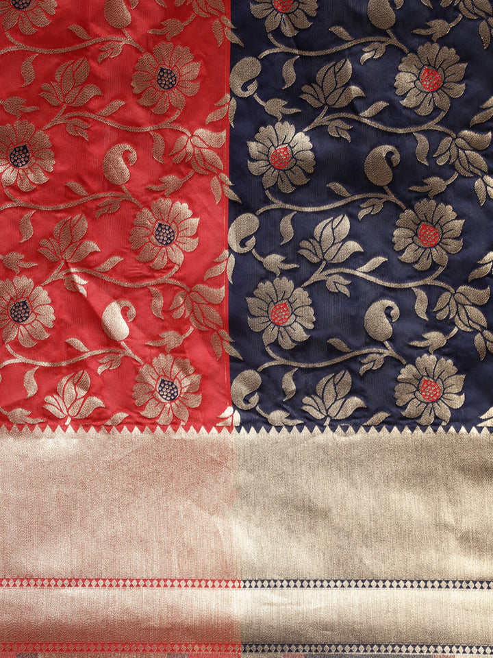 Neerus Blue & Red Printed Saree With Blouse