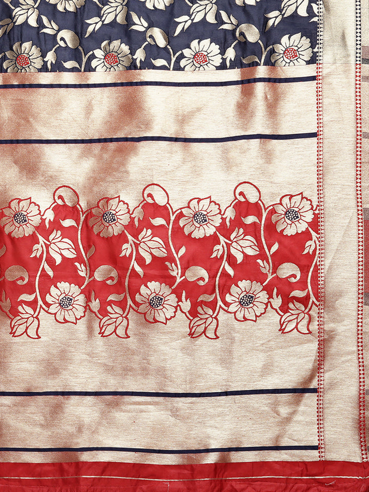 Neerus Blue & Red Printed Saree With Blouse