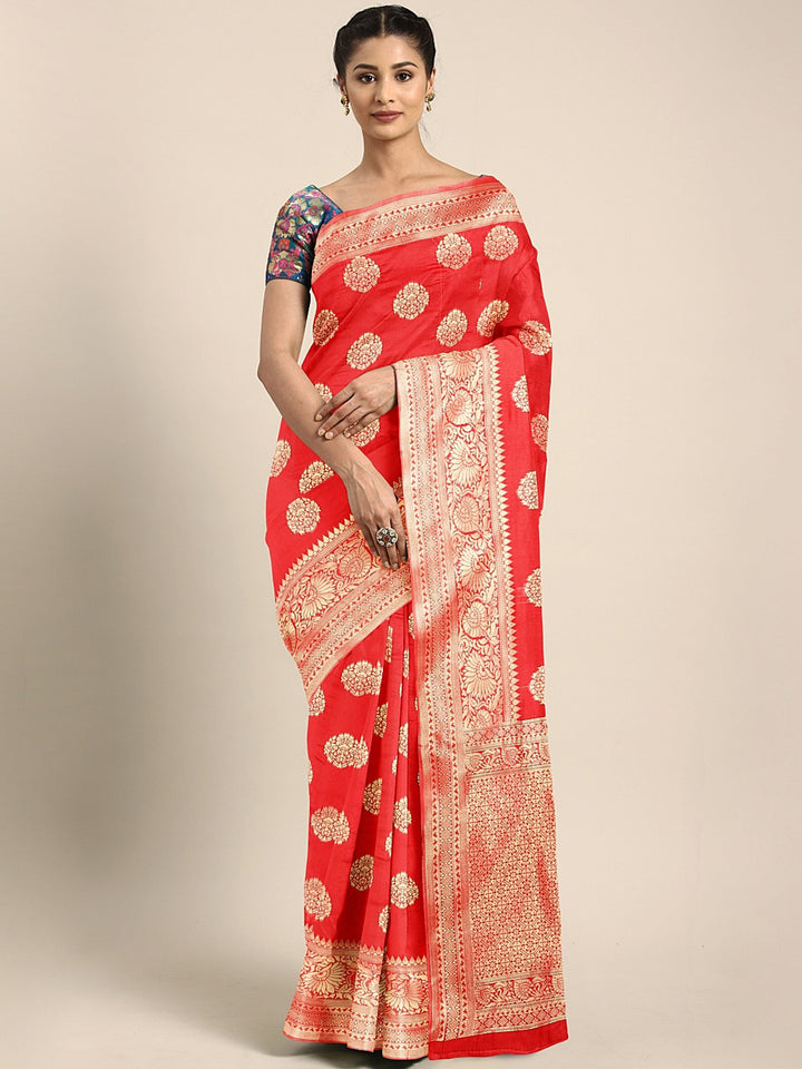 Neerus Red Textured Saree With Blouse